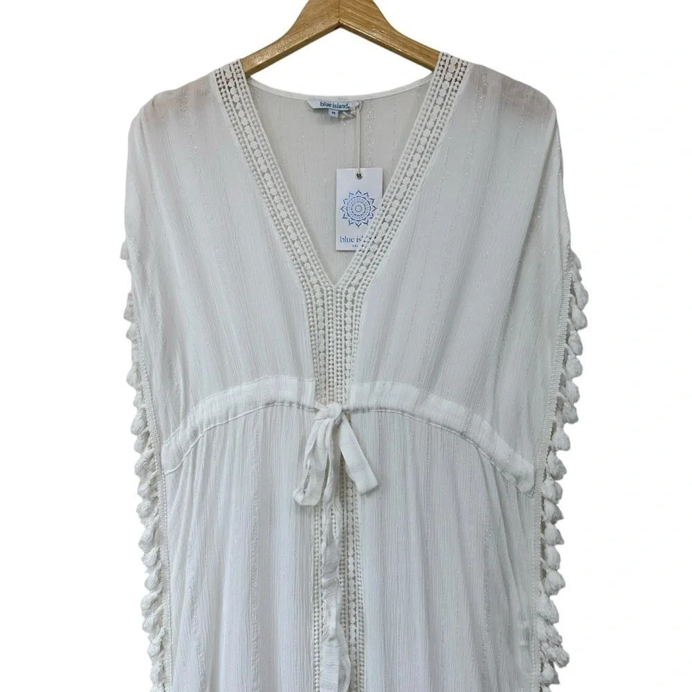 Blue Island Summer Sleeveless Swim Dress Coverup, White, Medium